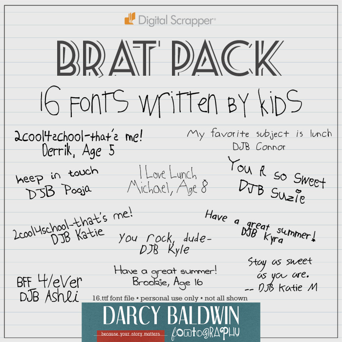 Brat Pack - a pack of 16 handwritten fonts for kids and by kids!