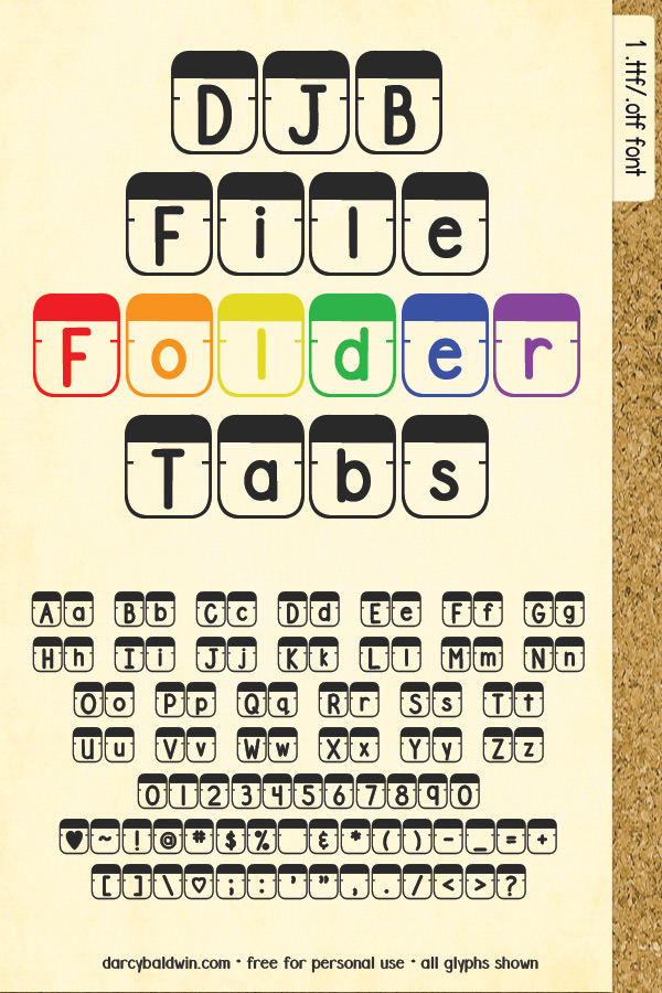 DJB File Folder Tab Font -- office supplies were never so fun as this! Make your own titles, product covers, tshirts and more with this fab font!
