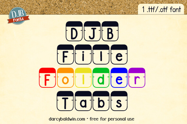 DJB File Folder Tabs Font -- office supplies were never so fun as this! Make your own titles, product covers, tshirts and more with this fab font!