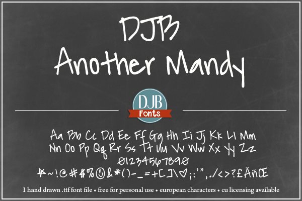 DJB Another Mandy - a left leaning, handwritten font perfect for journaling, tag lines and more! Free for personal use, commercial licensing available.