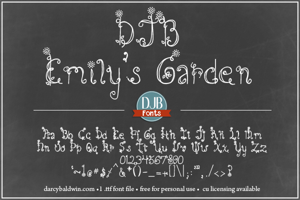 DJB Emily's Garden - free flowery font with CU licensing available at djbfont.com