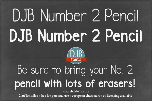 Get out your number 2 pencils for a pop quiz!!! Don't have one? Well, use this awesome font from DJB Fonts to create teacher classroom materials and other text that is easy to read without being run of the mill! Free for personal use - commercial licensing available.