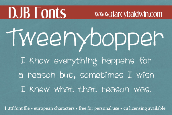 DJB Tweenybopper is a child-like yet funky font perfect for children's marketing, curriculum and more! Available @ DJB Fonts